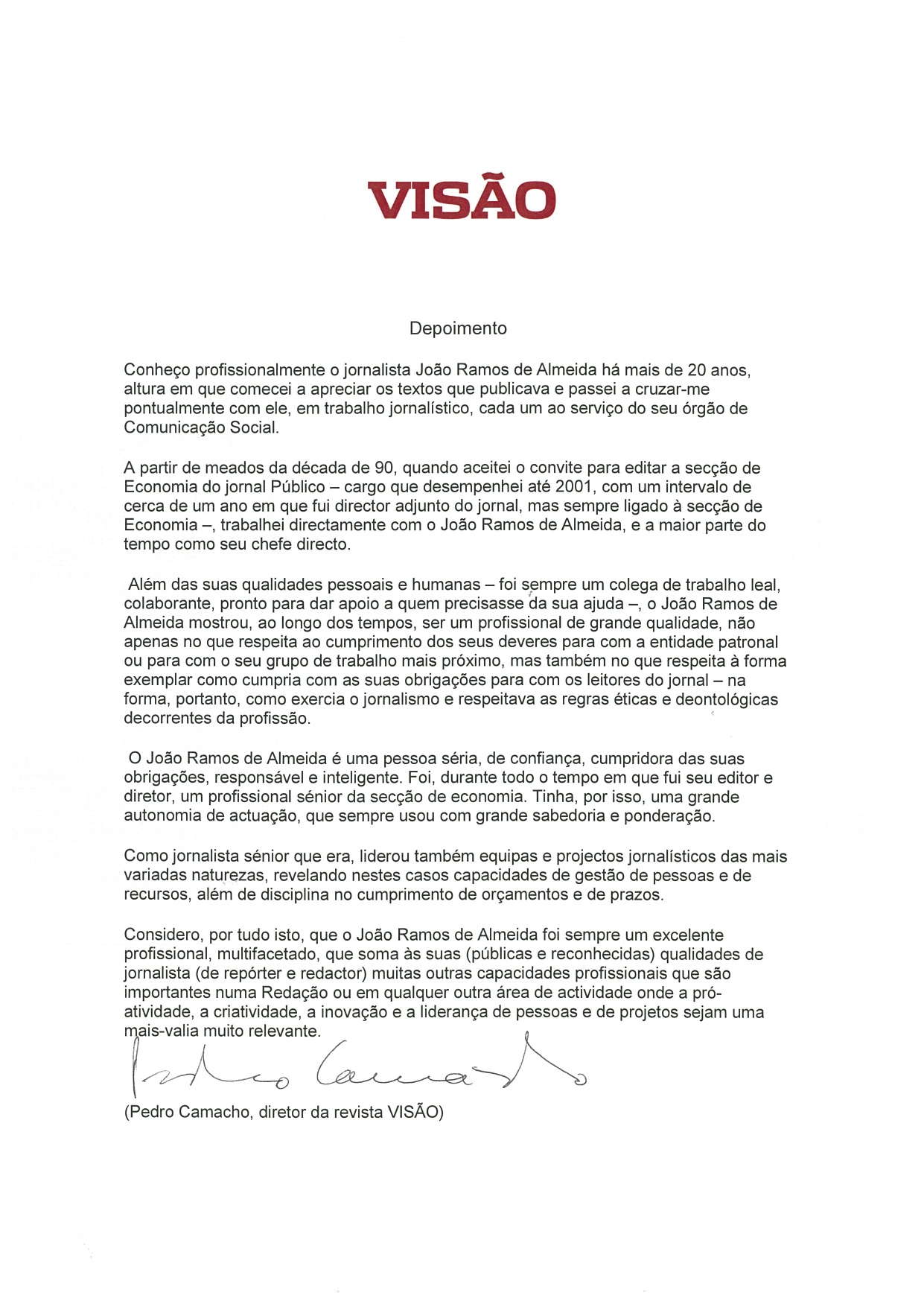 Carta de Pedro Camacho Visão